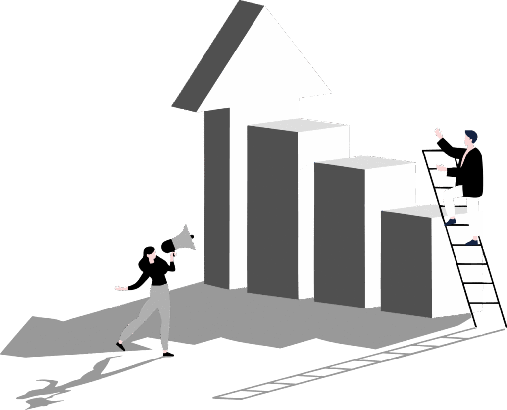Graphic of man climbing a ladder to travel up a growth chart in Business Growth Consulting